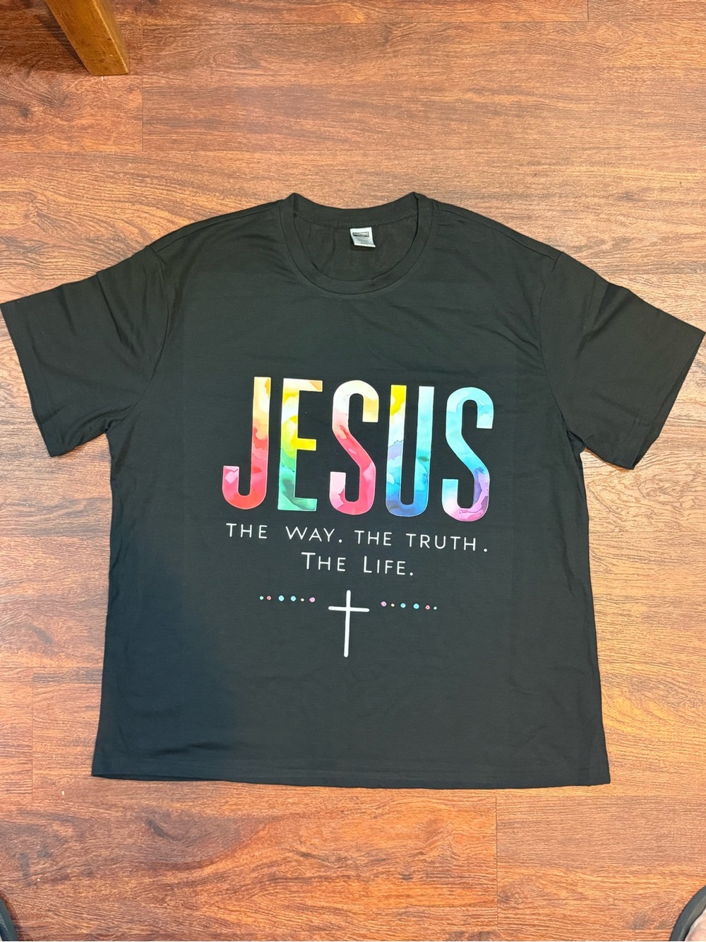 Kids Black Tee with Rainbow 'JESUS' Graphic